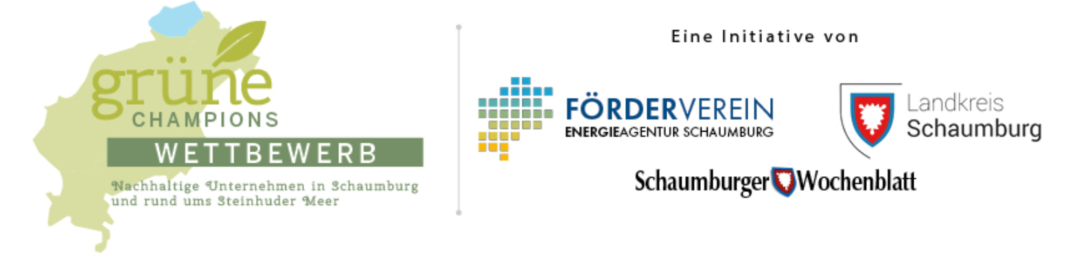 Logo mit Schriftzügen 'grüne Champions', 'Wettbewerb', 'Nachhaltige Unternehmen in Schaumburg und rund ums Steinhuder Meer', 'Schaumburger Wochenblatt', 'Landkreis Schaumburg' und 'Förderverein ENERGIEAGENTUR SCHAUMBURG'. Ein grünes Blatt ist im Logo enthalten.